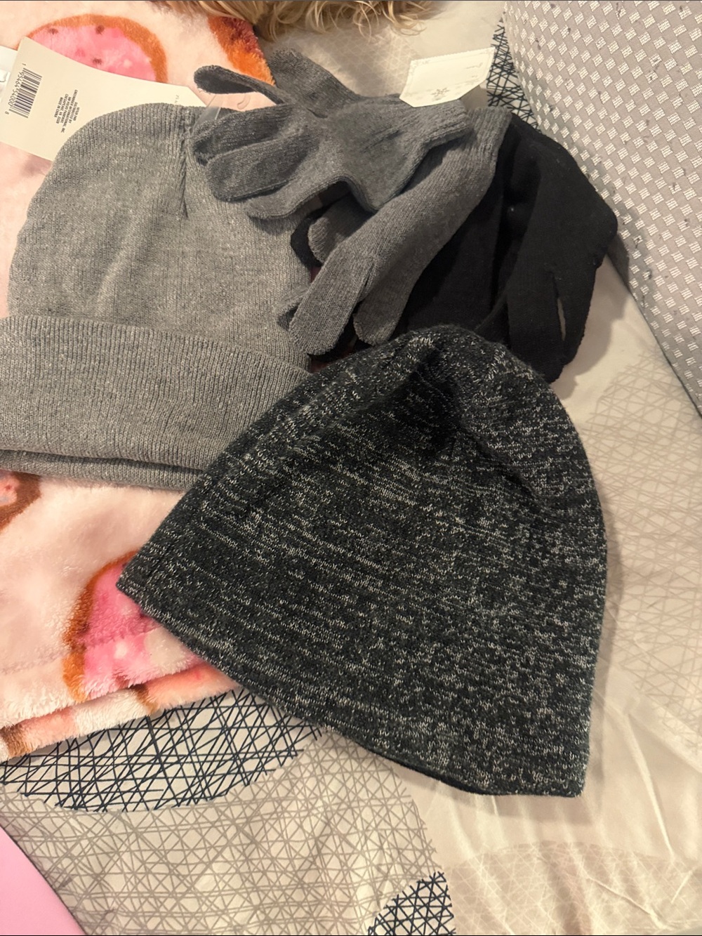 Gray Knit Beanie Duo with Matching Gloves